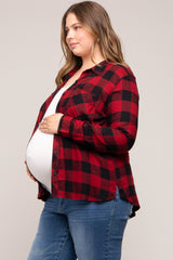Red Checkered Maternity Plus Long Sleeve Button Down Top