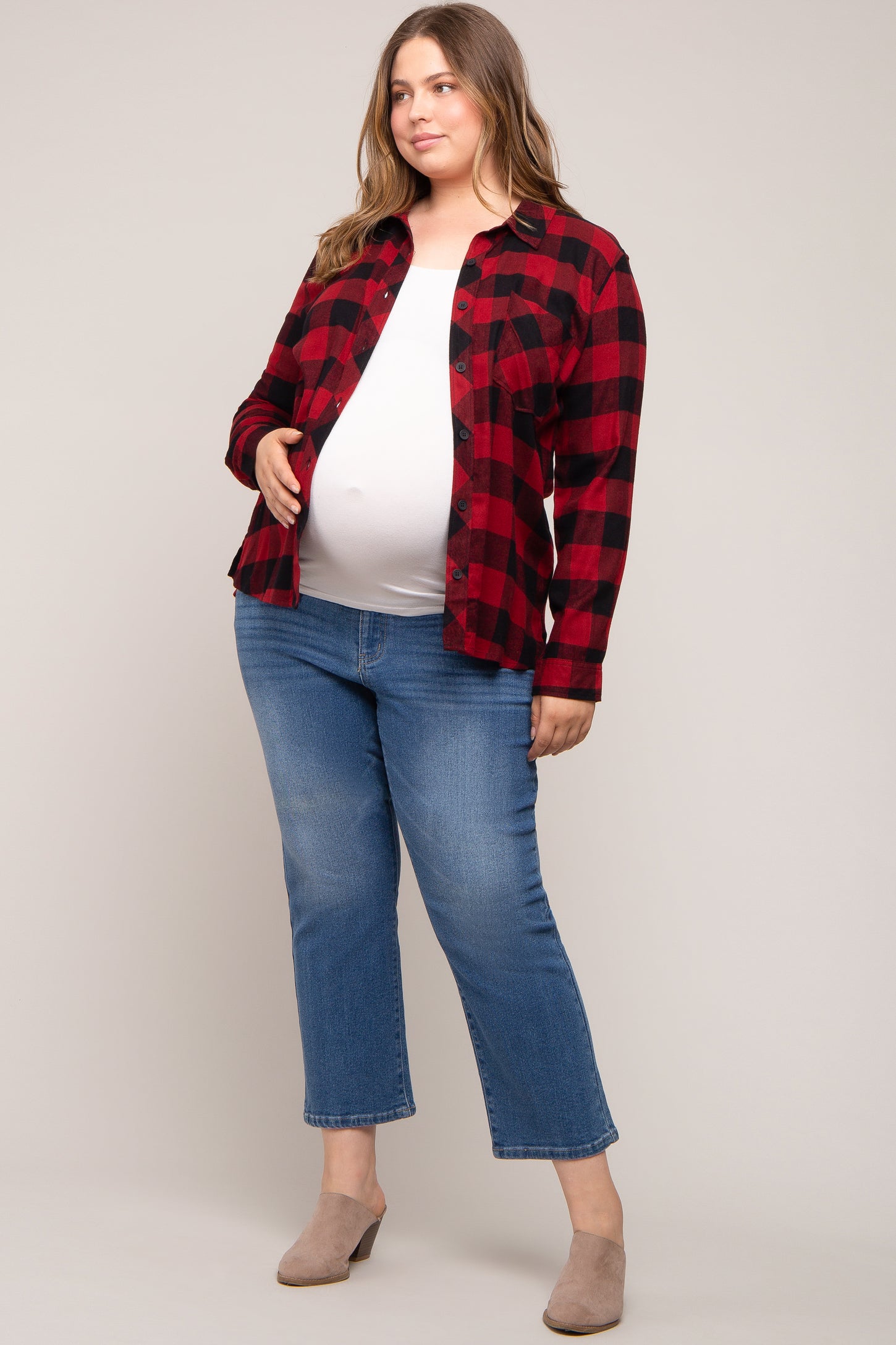 Red Checkered Maternity Plus Long Sleeve Button Down Top