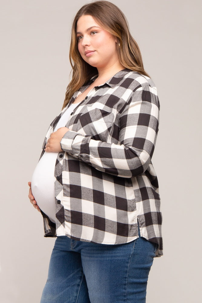 Cream Checkered Maternity Plus Long Sleeve Button Down Top