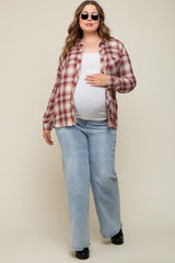 Burgundy Flannel Plaid Button Up Maternity Top