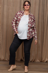 Burgundy Flannel Plaid Button Up Maternity Top