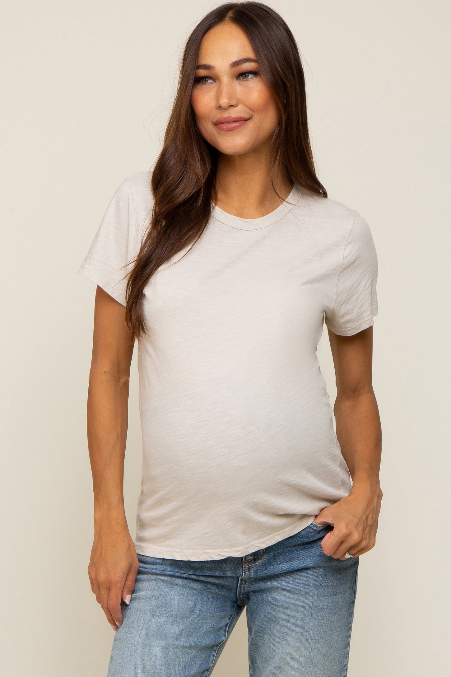 Beige Slub Knit Cropped Maternity T-Shirt