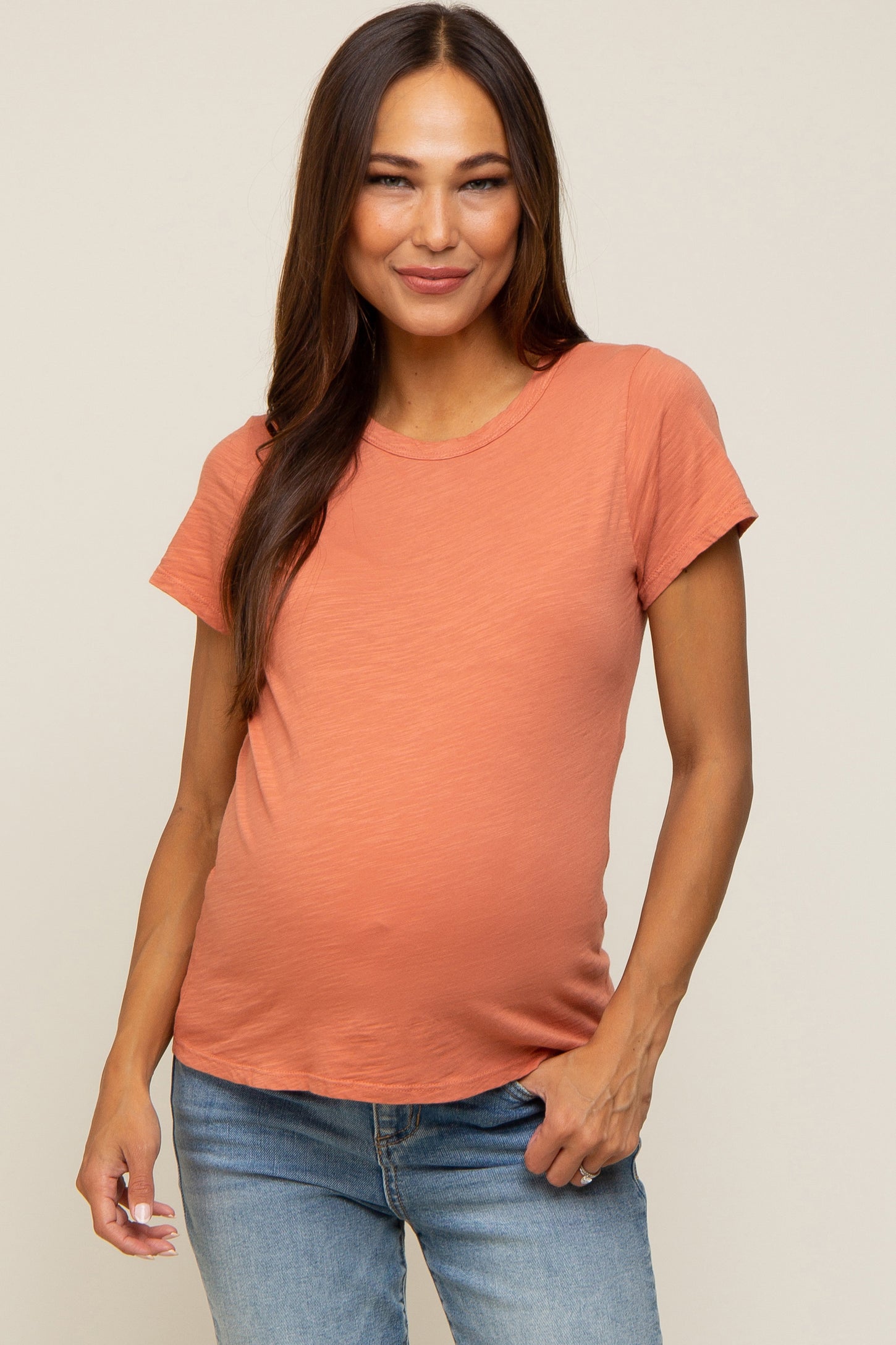 Salmon Slub Knit Cropped Maternity T-Shirt