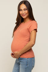 Salmon Slub Knit Cropped Maternity T-Shirt
