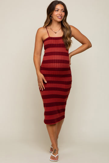 Rust Striped Rib Knit Maternity Midi Dress