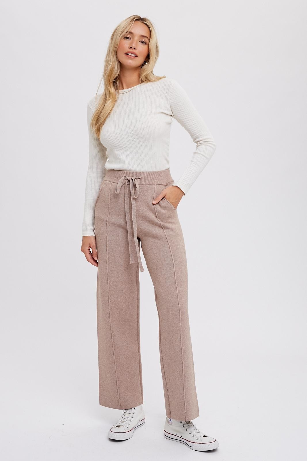 Taupe Front Seam Sweater Knit Drawstring Pants– PinkBlush