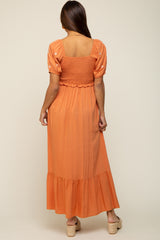 Rust Floral Embroidered Smocked Maternity Maxi Dress