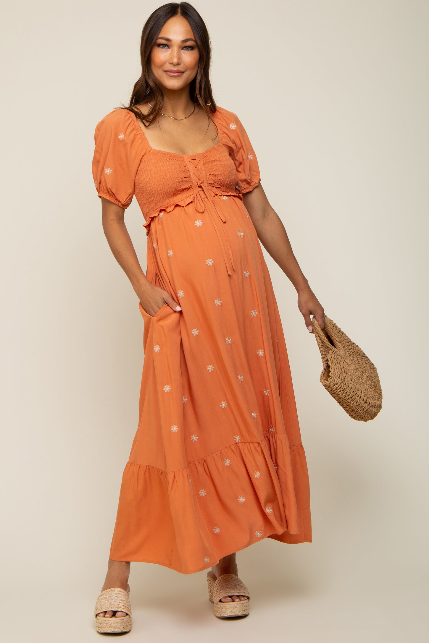Rust Floral Embroidered Smocked Maternity Maxi Dress