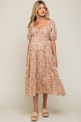 Taupe Floral Puff Sleeve Tiered Maternity Midi Dress