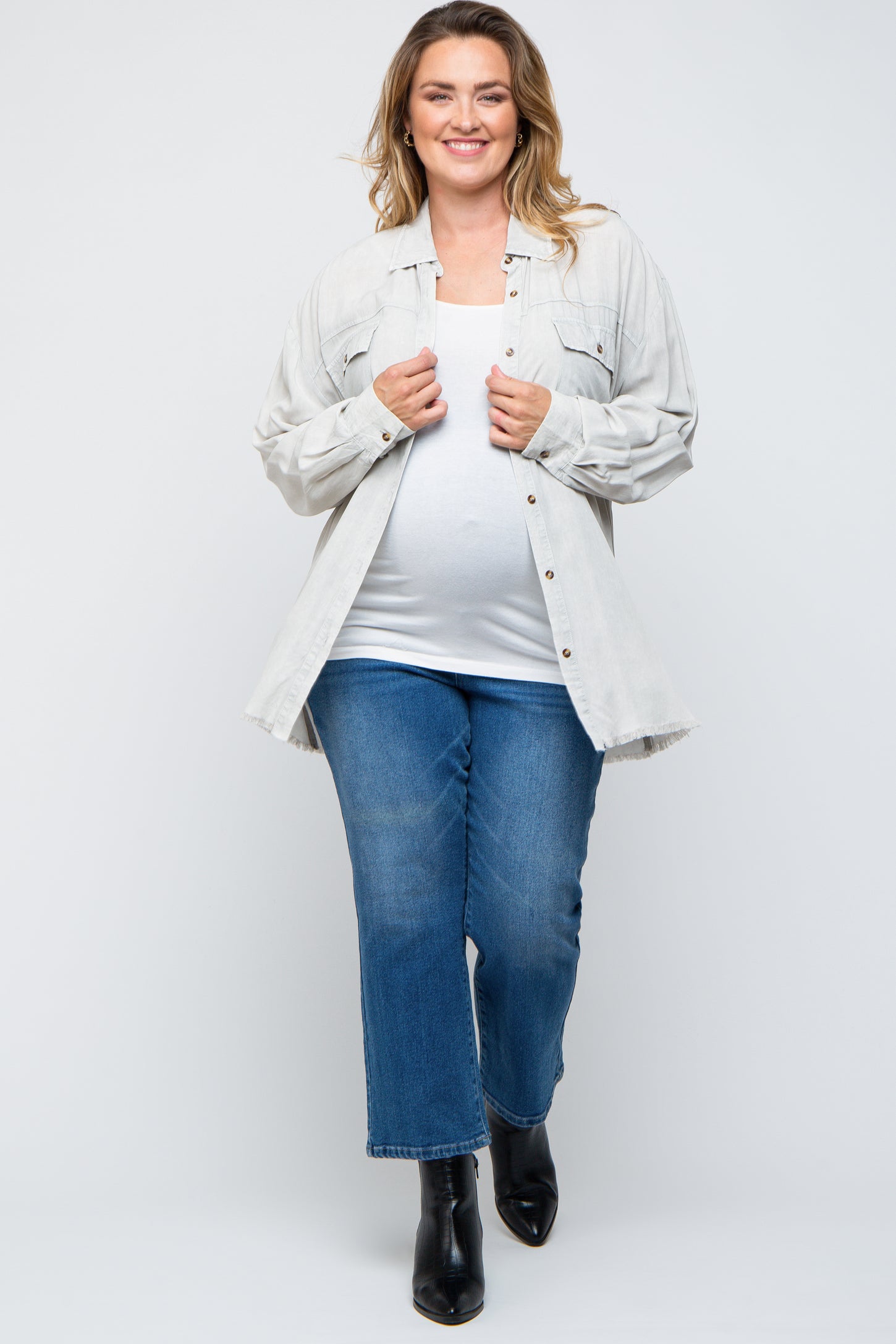 Grey Button Up Fringe Hem Maternity Plus Top