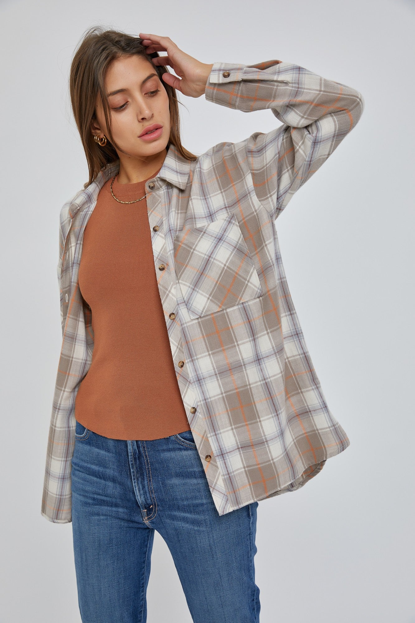 Taupe Flannel Plaid Button Up Top