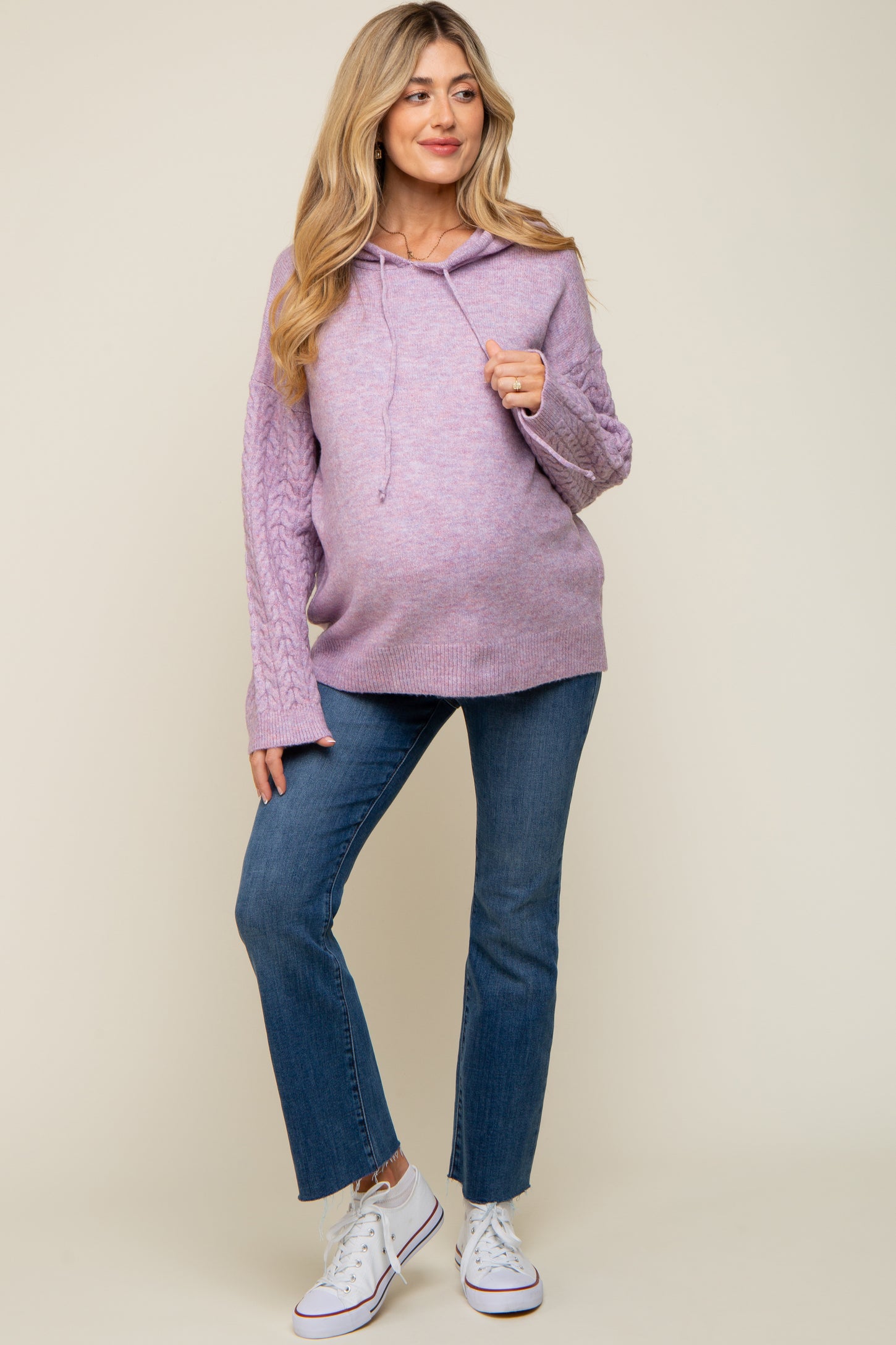 Lavender Mixed Knit Maternity Hooded Sweater