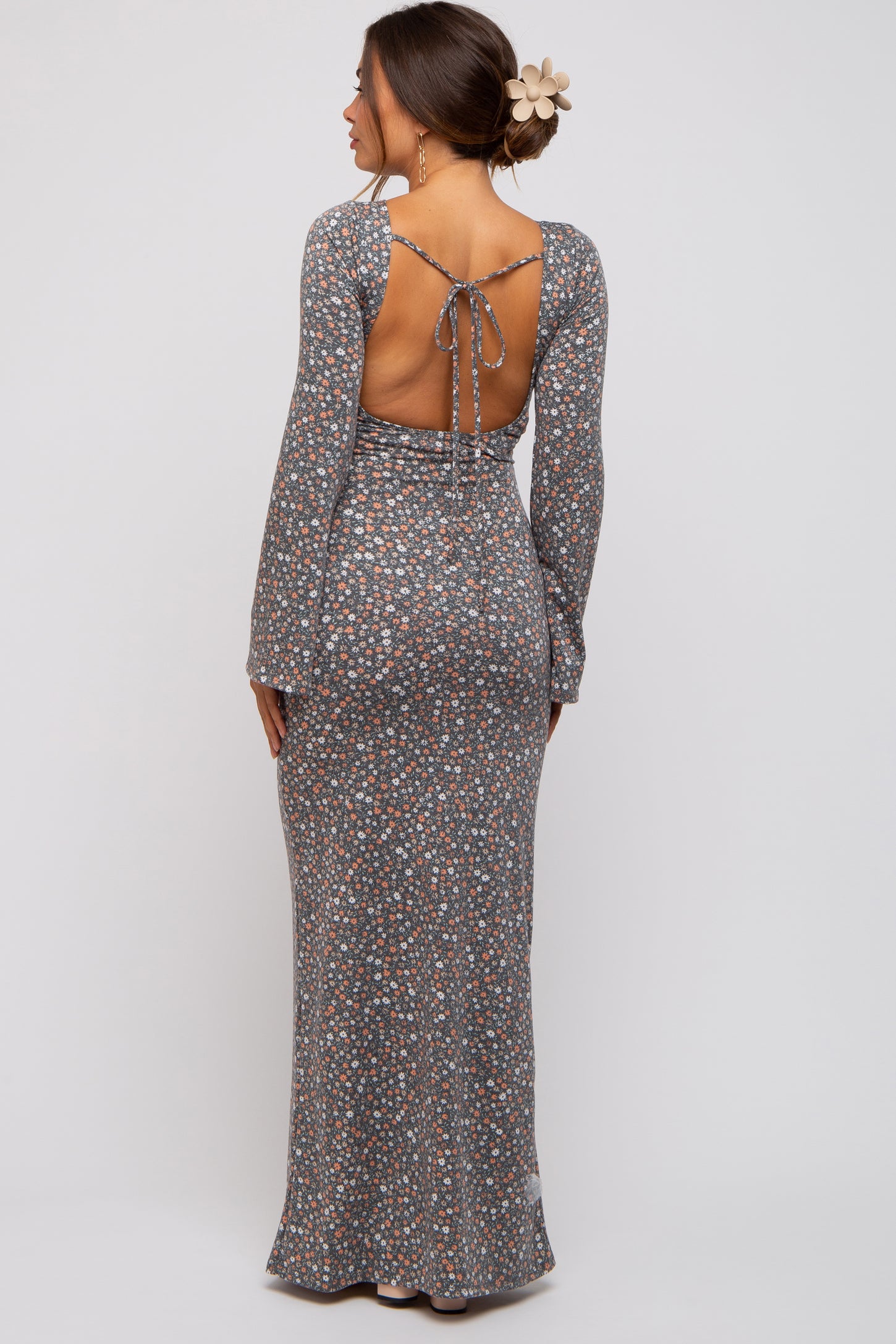 Charcoal Floral Long Sleeve Open Back Maternity Maxi Dress PinkBlush