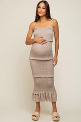 Taupe Floral Smocked Ruffle Tier Maternity Midi Dress