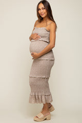 Taupe Floral Smocked Ruffle Tier Maternity Midi Dress