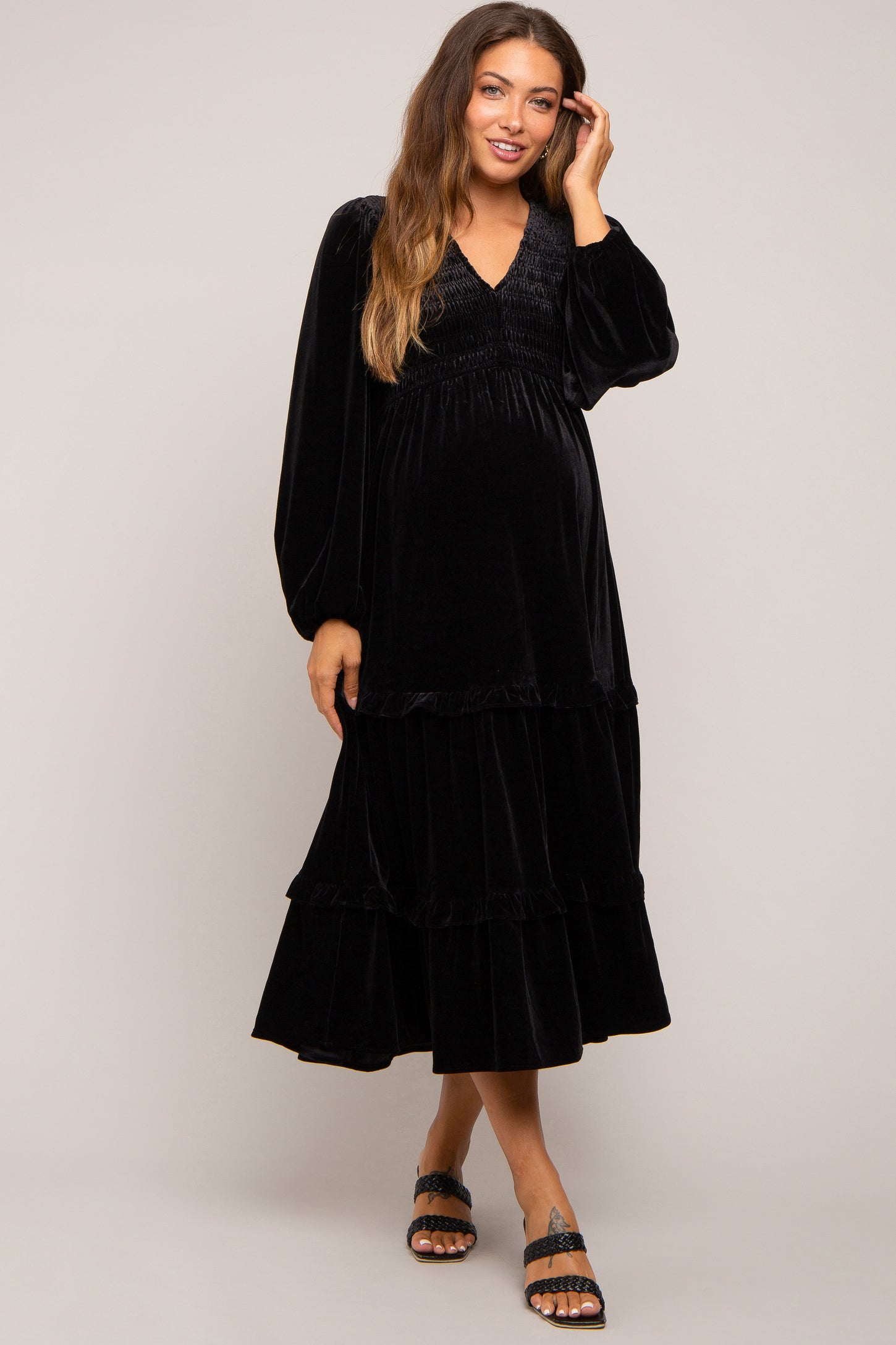 Black Velvet Smocked Maternity Midi Dress