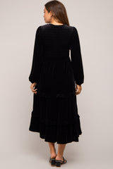 Black Velvet Smocked Maternity Midi Dress