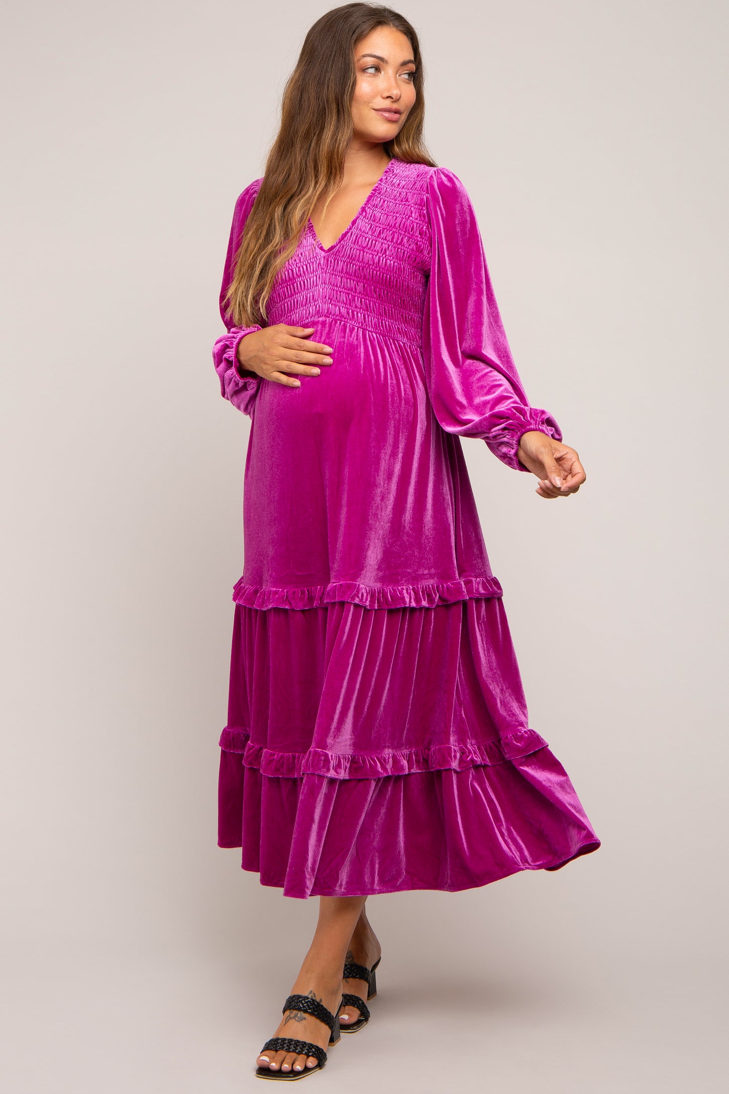 Magenta Velvet Smocked Maternity Midi Dress
