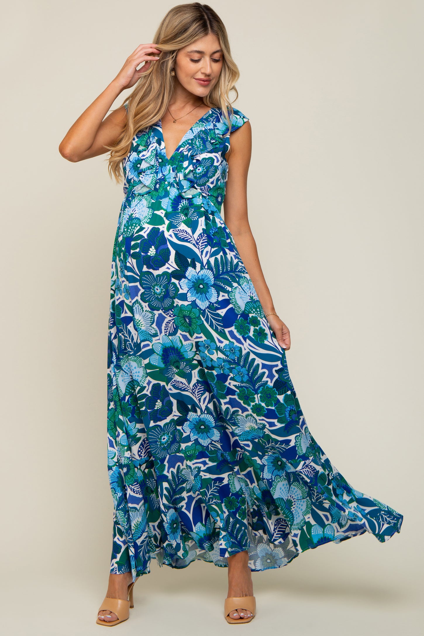 Blue Floral Ruffle Accent Sleeveless Maternity Maxi Dress