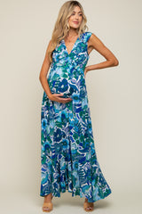 Blue Floral Ruffle Accent Sleeveless Maternity Maxi Dress