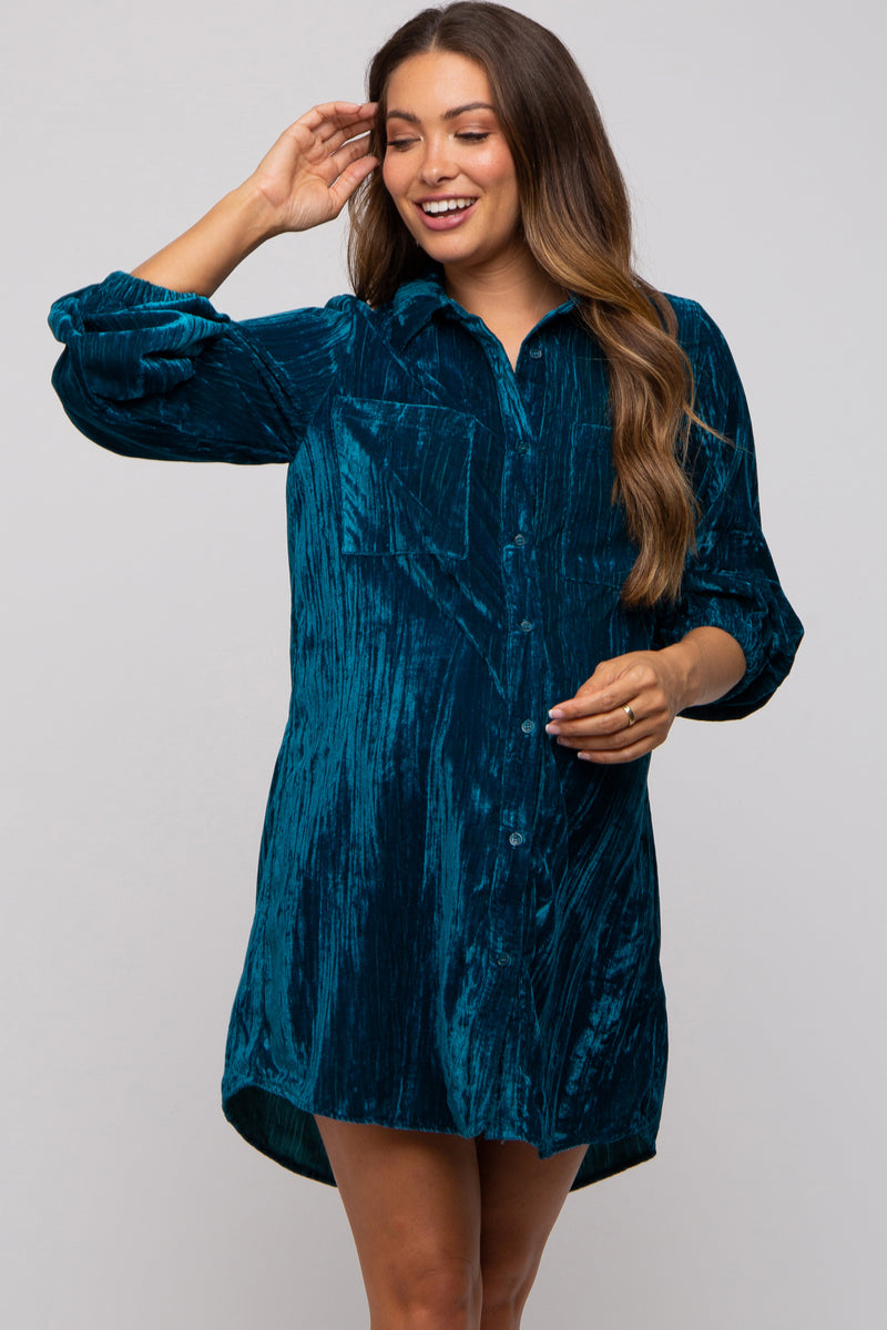 Teal Velour Button Up Maternity Dress – PinkBlush