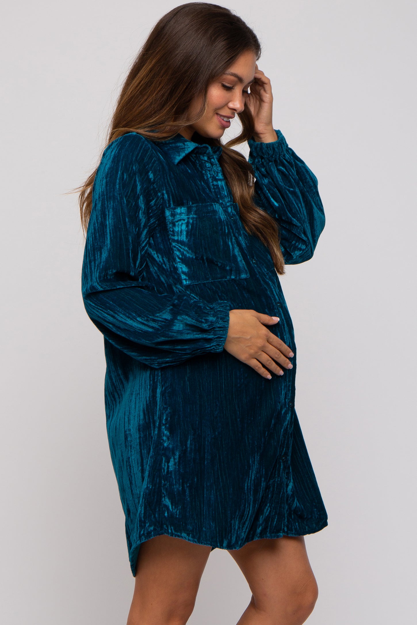 Velour Maternity Dress Velvet Pregnancy Dress With Slit- Green Velour Maternity Dress Velvet Pregnancy Dress With Slit- Green