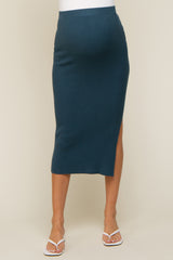 Teal Ribbed Fitted Side Slit Maternity Midi Skirt