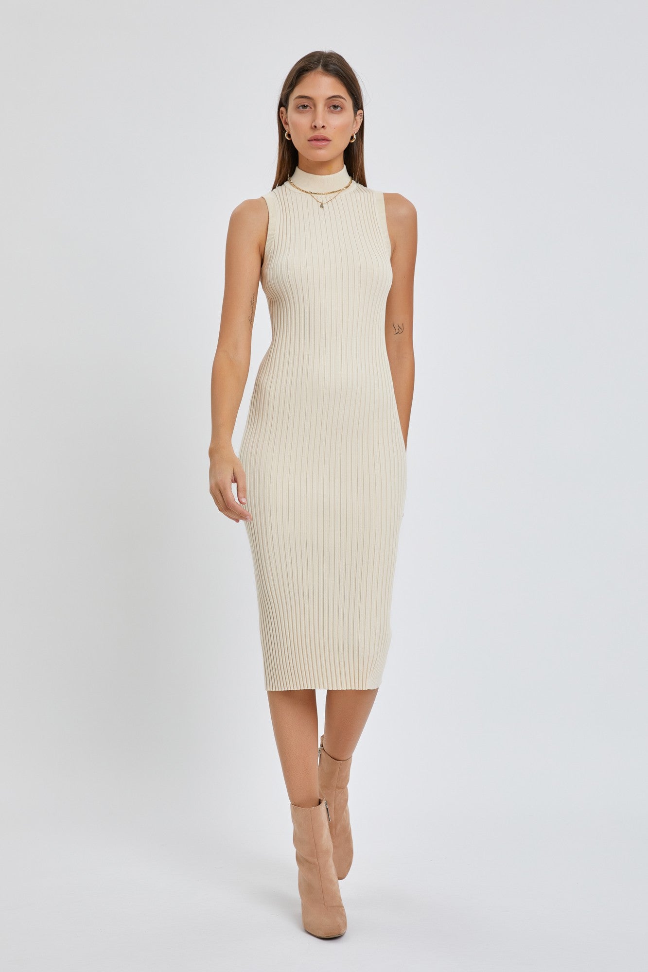 Beige Ribbed Fitted Mock Neck Maternity Dress