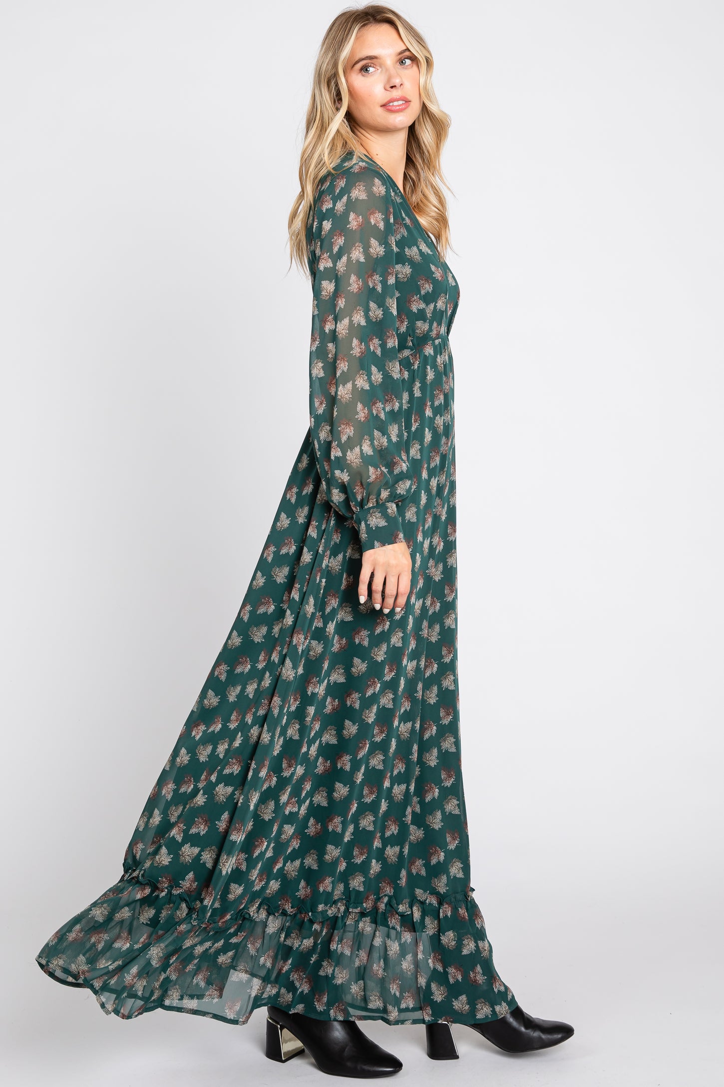 Forest Green Leaf Print Balloon Sleeve Maxi Dress PinkBlush Forest Green Leaf Print Balloon Sleeve Maxi Dress PinkBlush