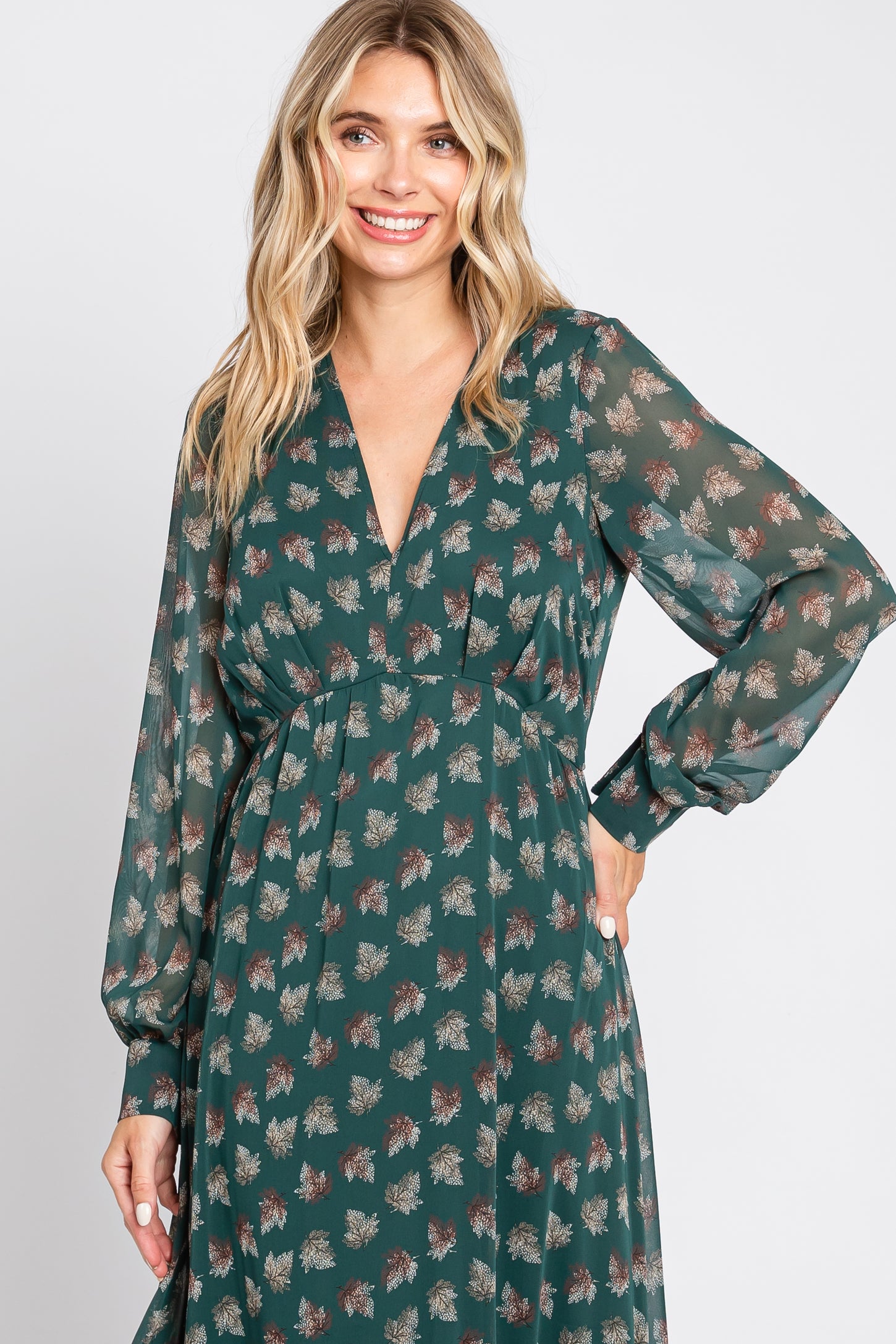 Forest Green Leaf Print Balloon Sleeve Maxi Dress PinkBlush Forest Green Leaf Print Balloon Sleeve Maxi Dress PinkBlush