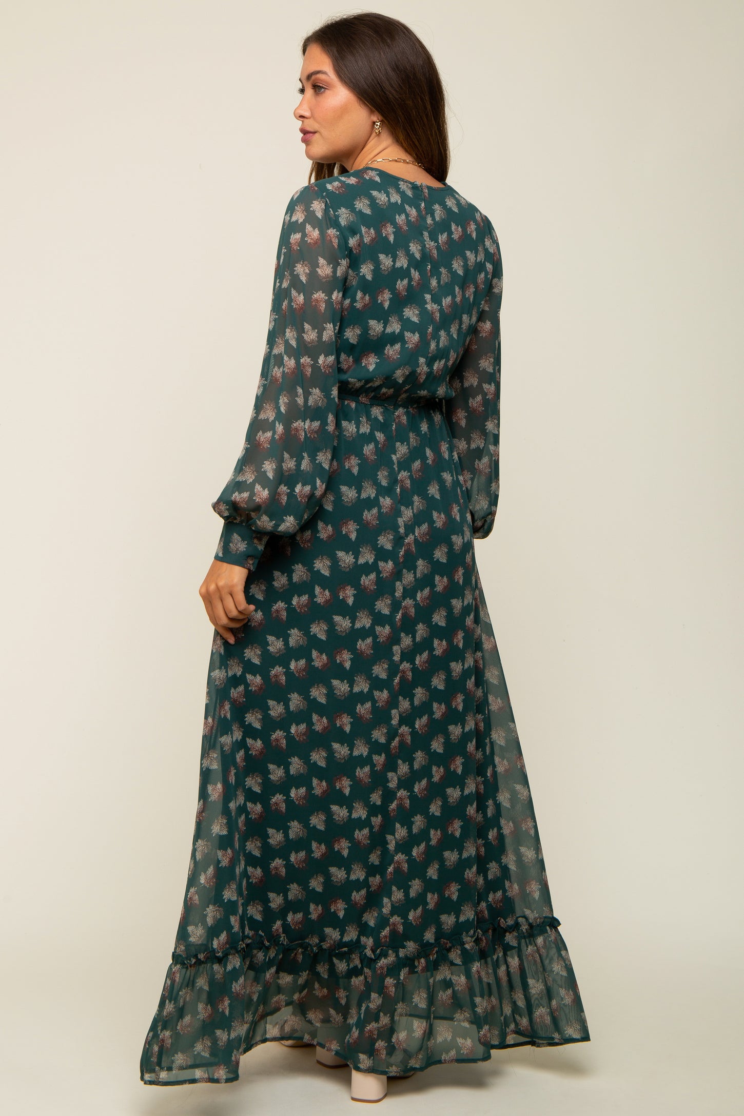 Forest Green Leaf Print Balloon Sleeve Maternity Maxi Dress