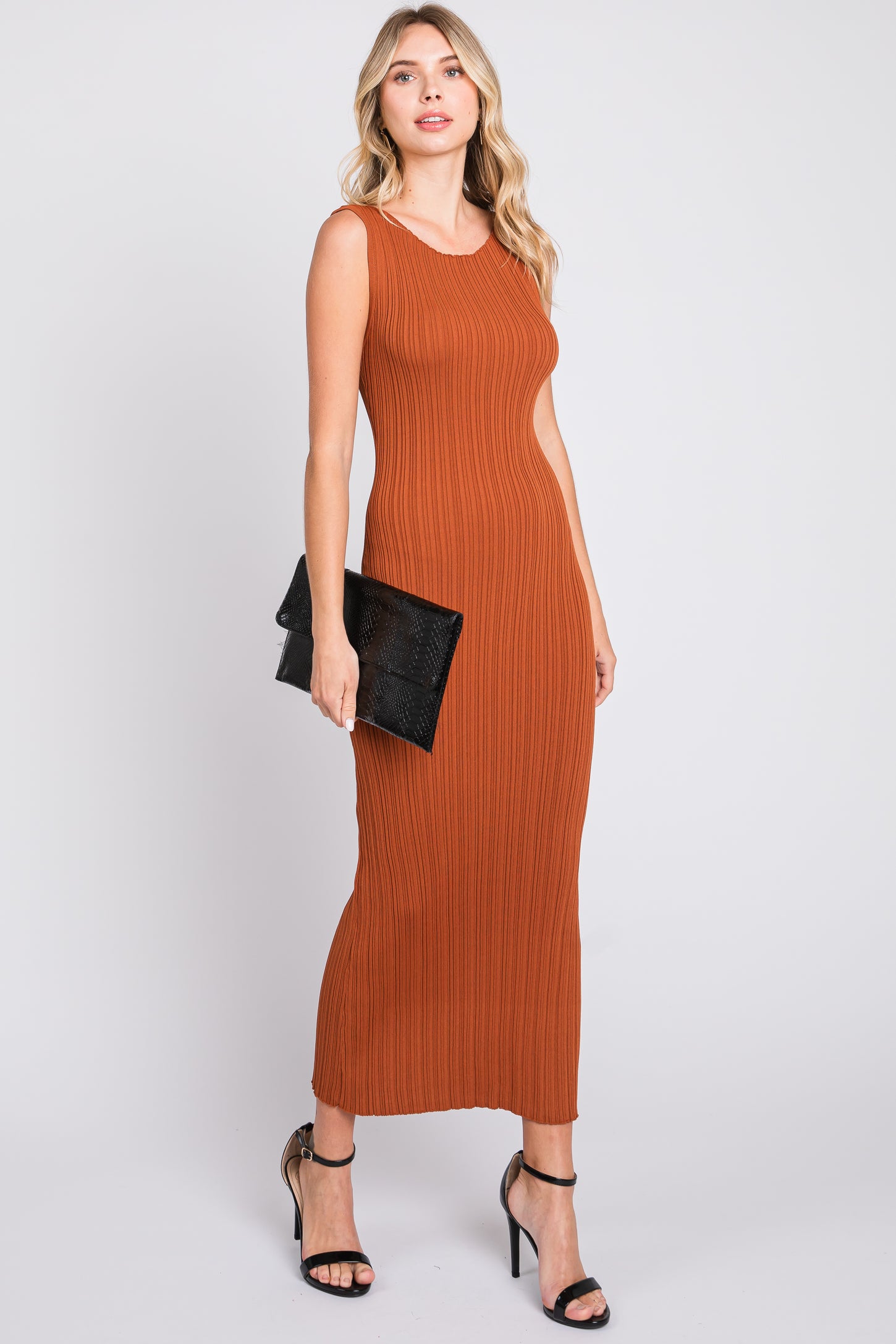 Rust Sleeveless Ribbed Maxi Dress