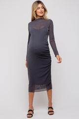 Charcoal Shimmer Mesh Long Sleeve Ruched Maternity Midi Dress