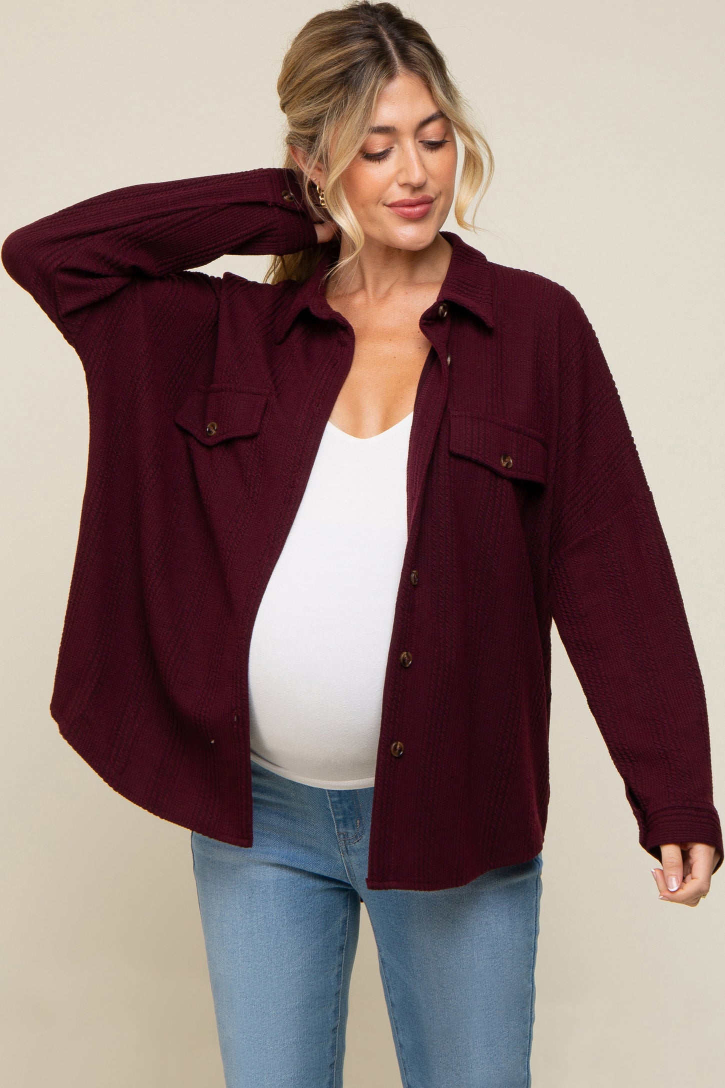 Plum Textured Button Front Collared Maternity Top