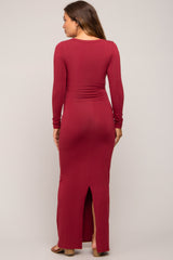 Burgundy Solid Long Sleeve Scoop Neck Maternity Maxi Dress