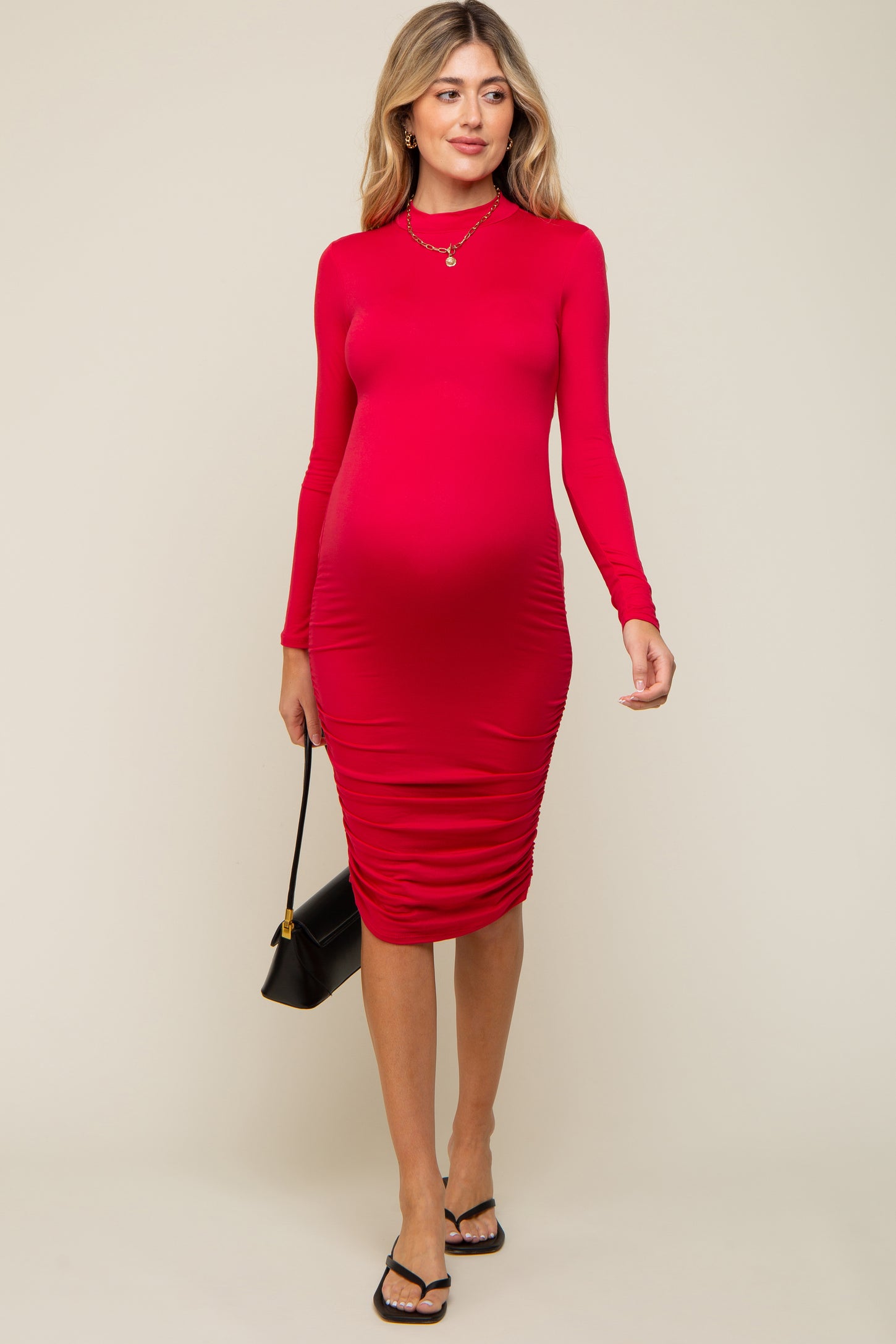 Fuchsia Red Ruched Maternity Fitted Dress