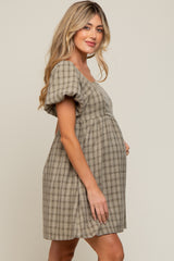 Light Olive Plaid Square Neck Short Puff Sleeve Maternity Dress