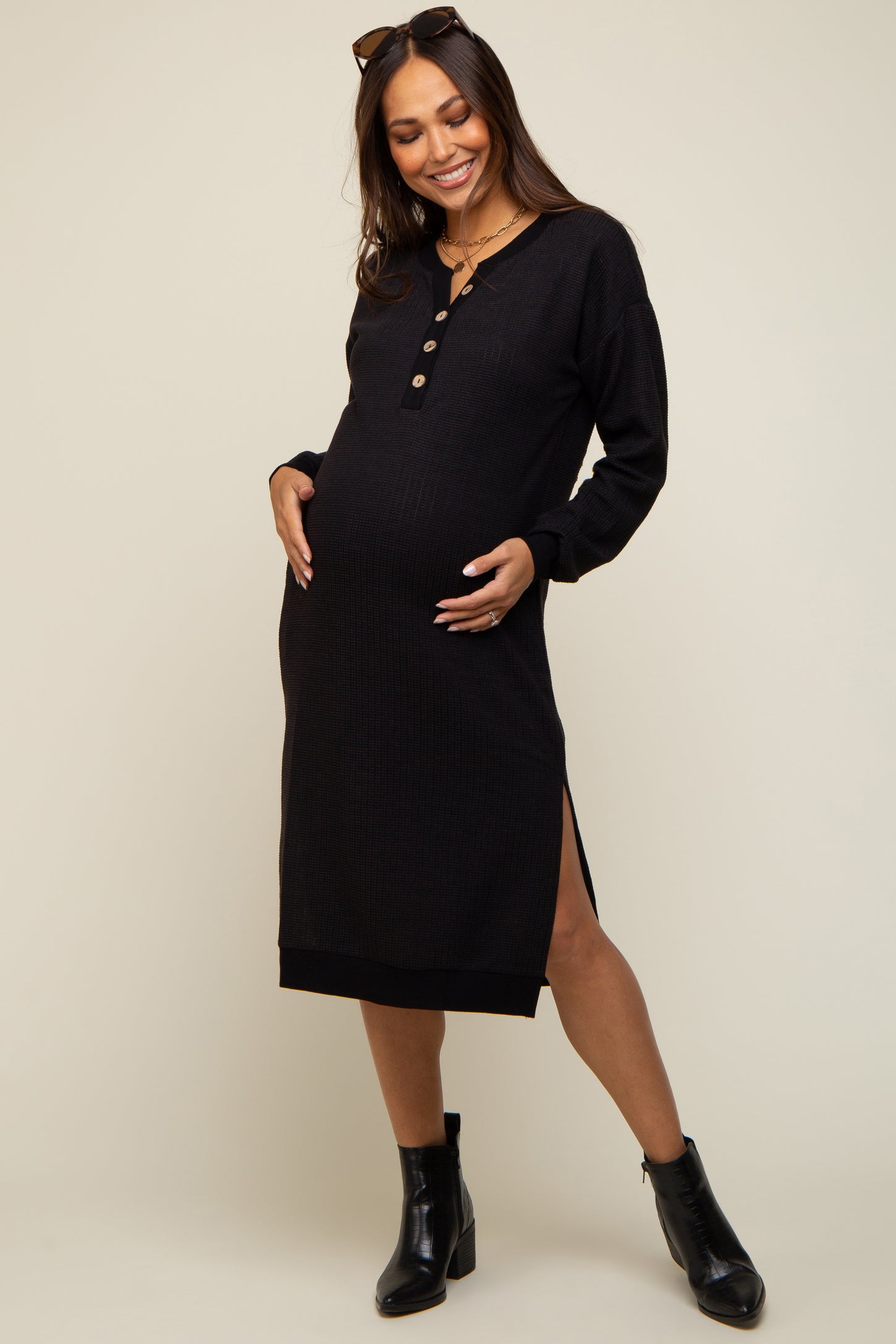 Black Waffle Knit Long Sleeve Maternity Midi Dress
