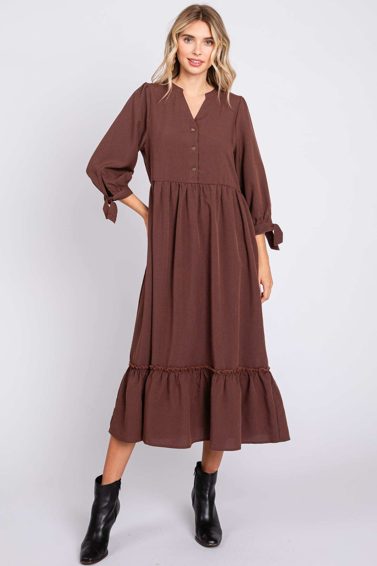 Brown Gingham Front Button Sleeve Tie Midi Dress – PinkBlush Brown Gingham Front Button Sleeve Tie Midi Dress – PinkBlush