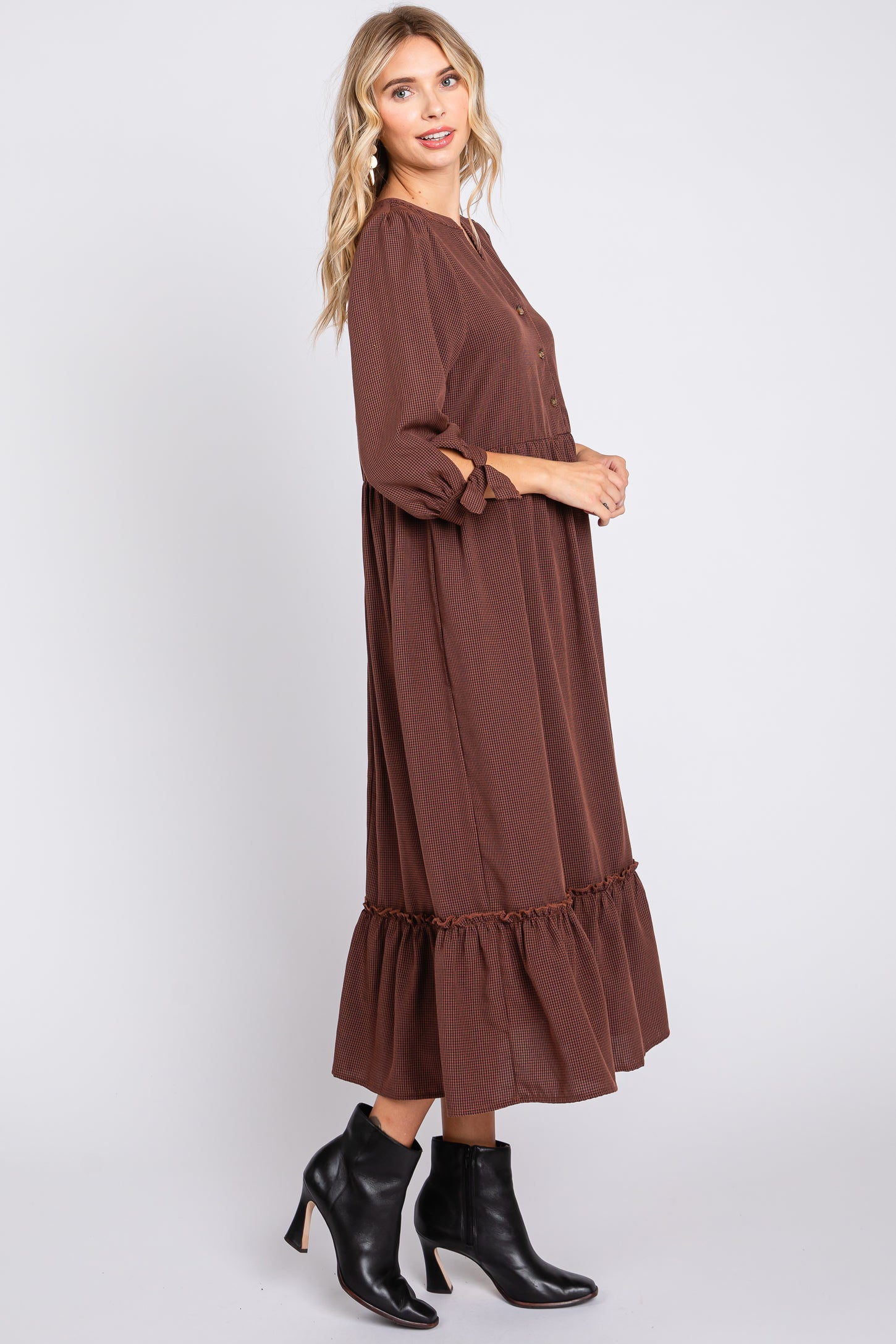 brown gingham maternity dress Alexa Olive Gingham Dress - MCO