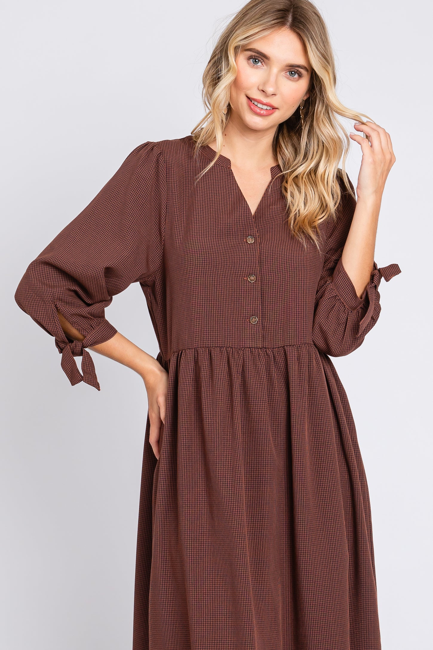 Brown Gingham Front Button Sleeve Tie Midi Dress PinkBlush Brown Gingham Front Button Sleeve Tie Midi Dress PinkBlush