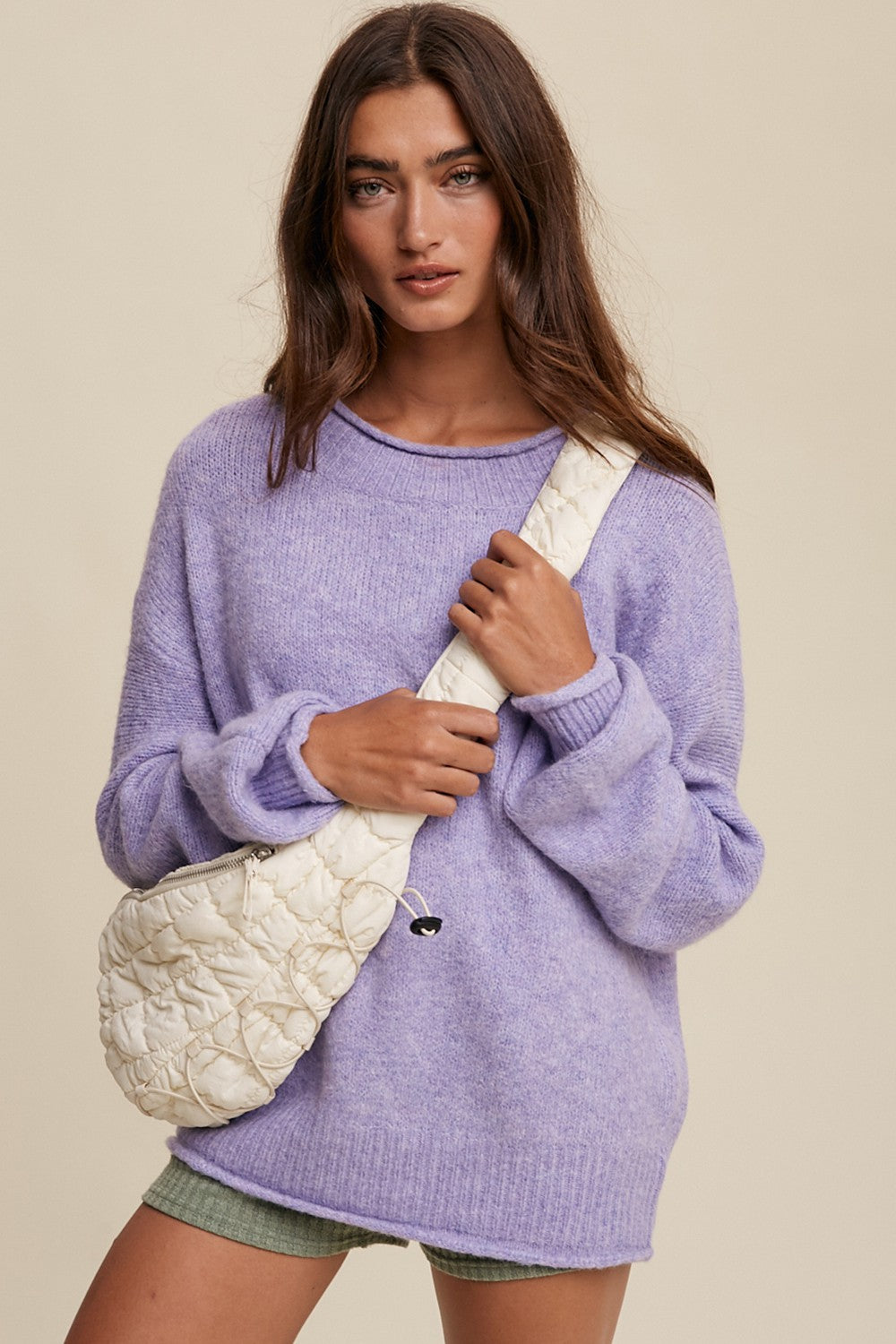 Lavender Soft Knit Rolled Hem Sweater
