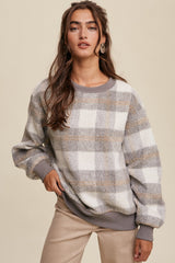 Grey Plaid Fuzzy Knit Pullover Sweater