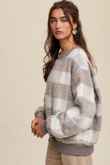 Grey Plaid Fuzzy Knit Pullover Sweater