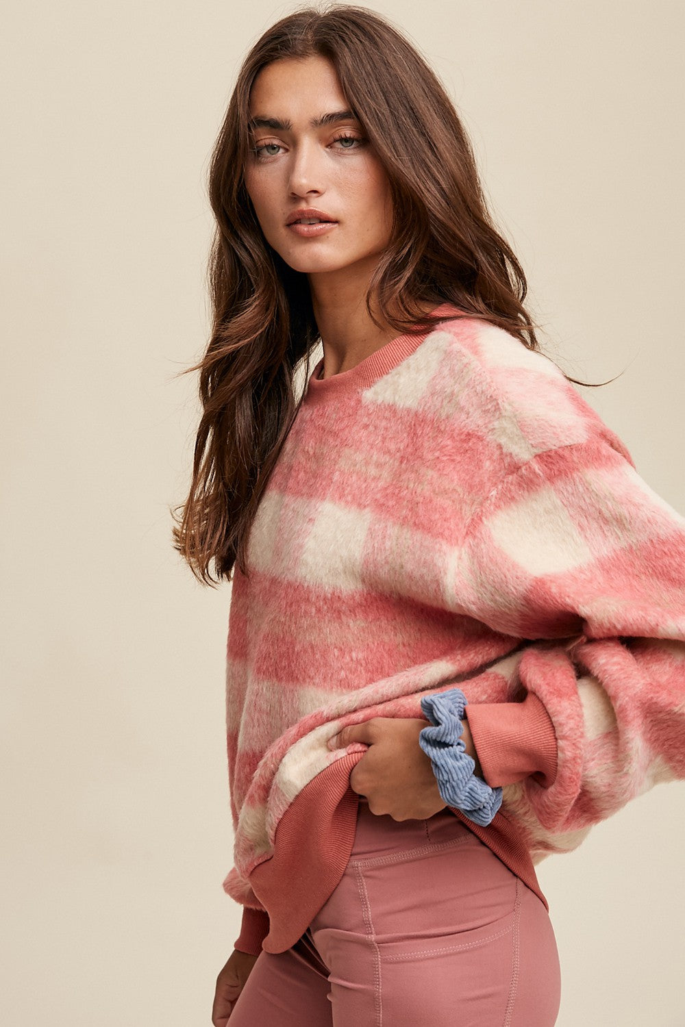 Coral Plaid Fuzzy Knit Pullover Sweater