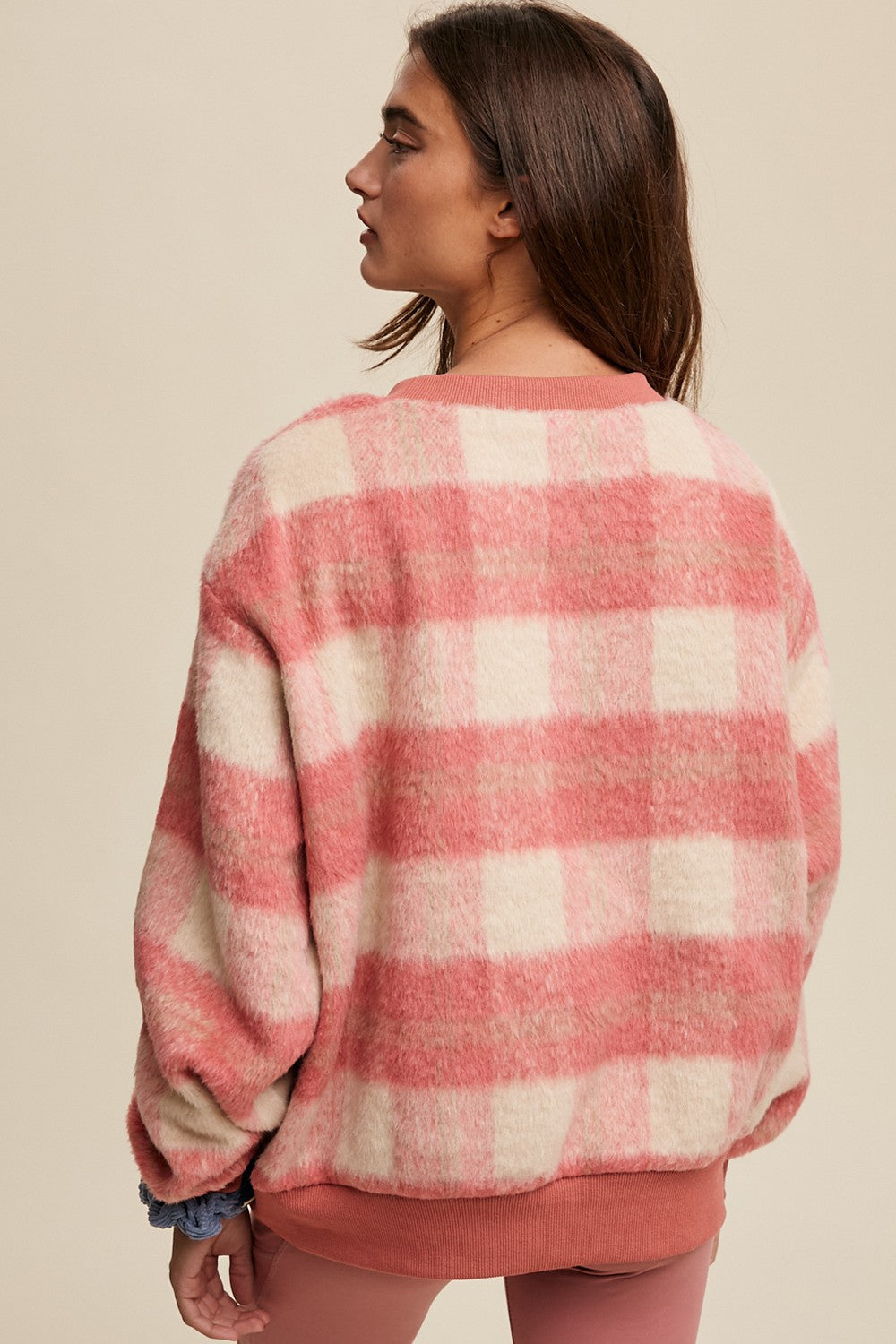 Coral Plaid Fuzzy Knit Pullover Sweater