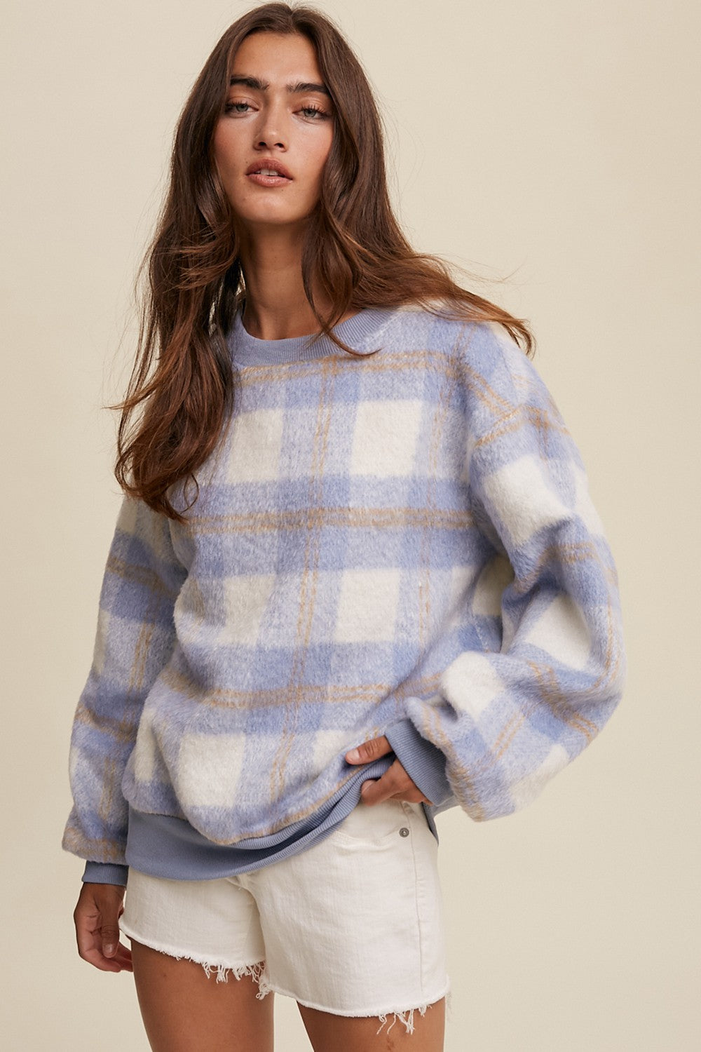 Light Blue Plaid Fuzzy Knit Pullover Sweater
