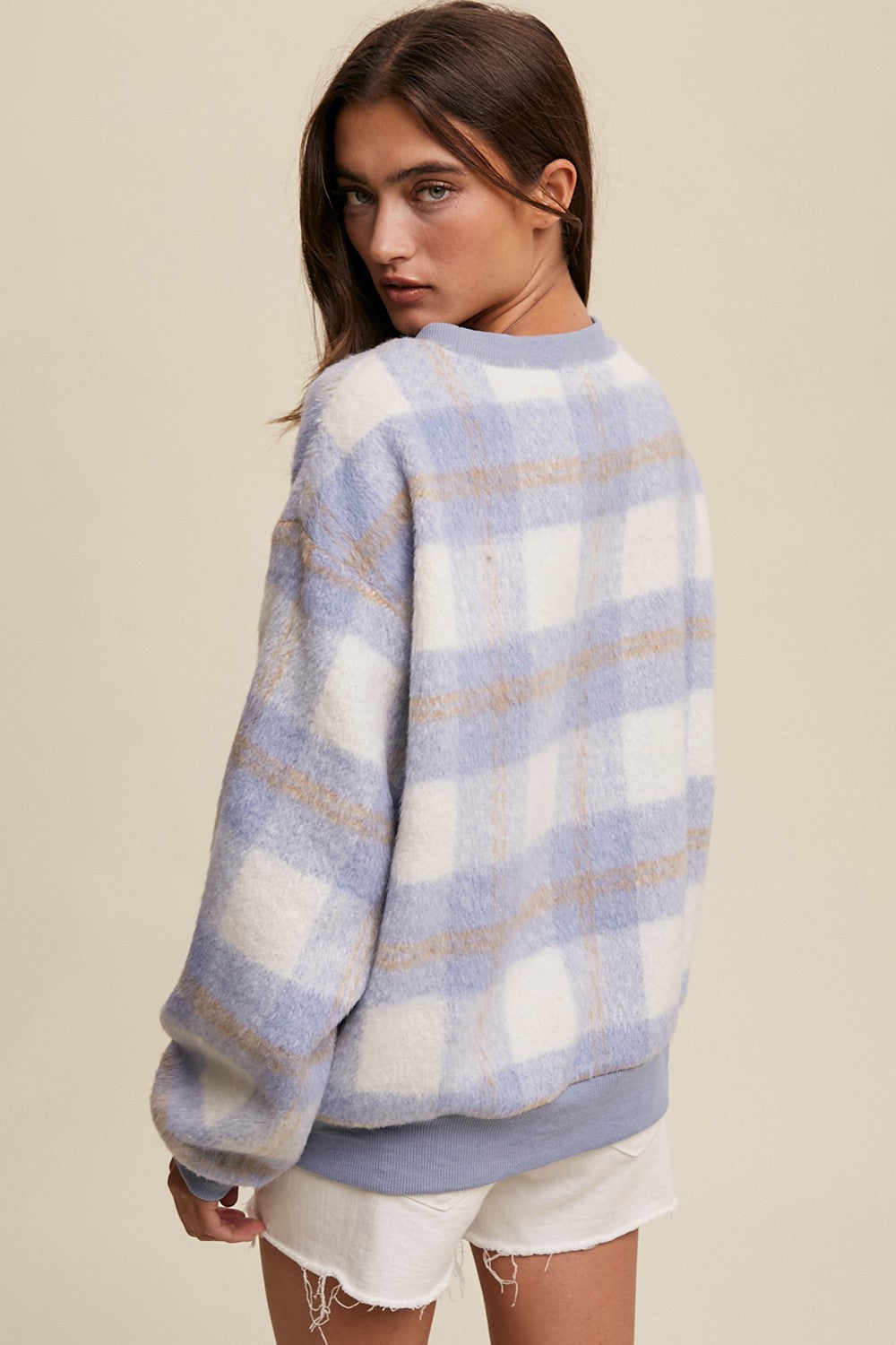 Light Blue Plaid Fuzzy Knit Pullover Sweater