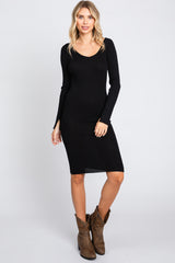 Black Ribbed Knit Long Sleeve Fitted Maternity Dress