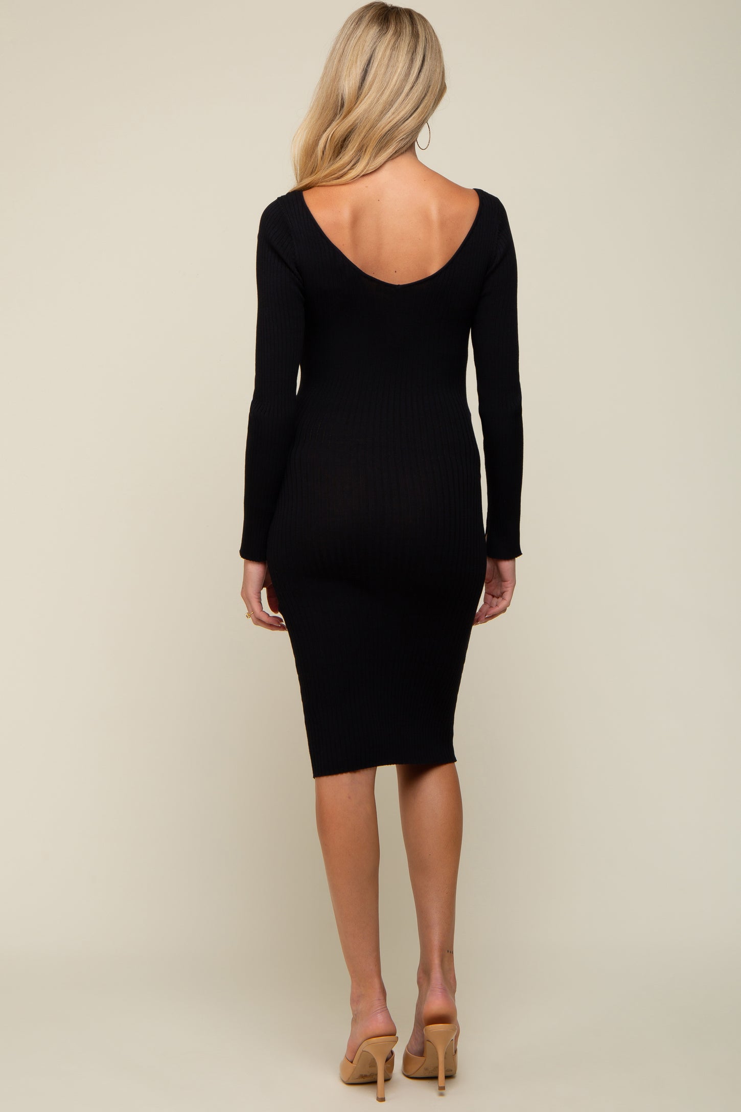Black Ribbed Knit Long Sleeve Fitted Maternity Dress